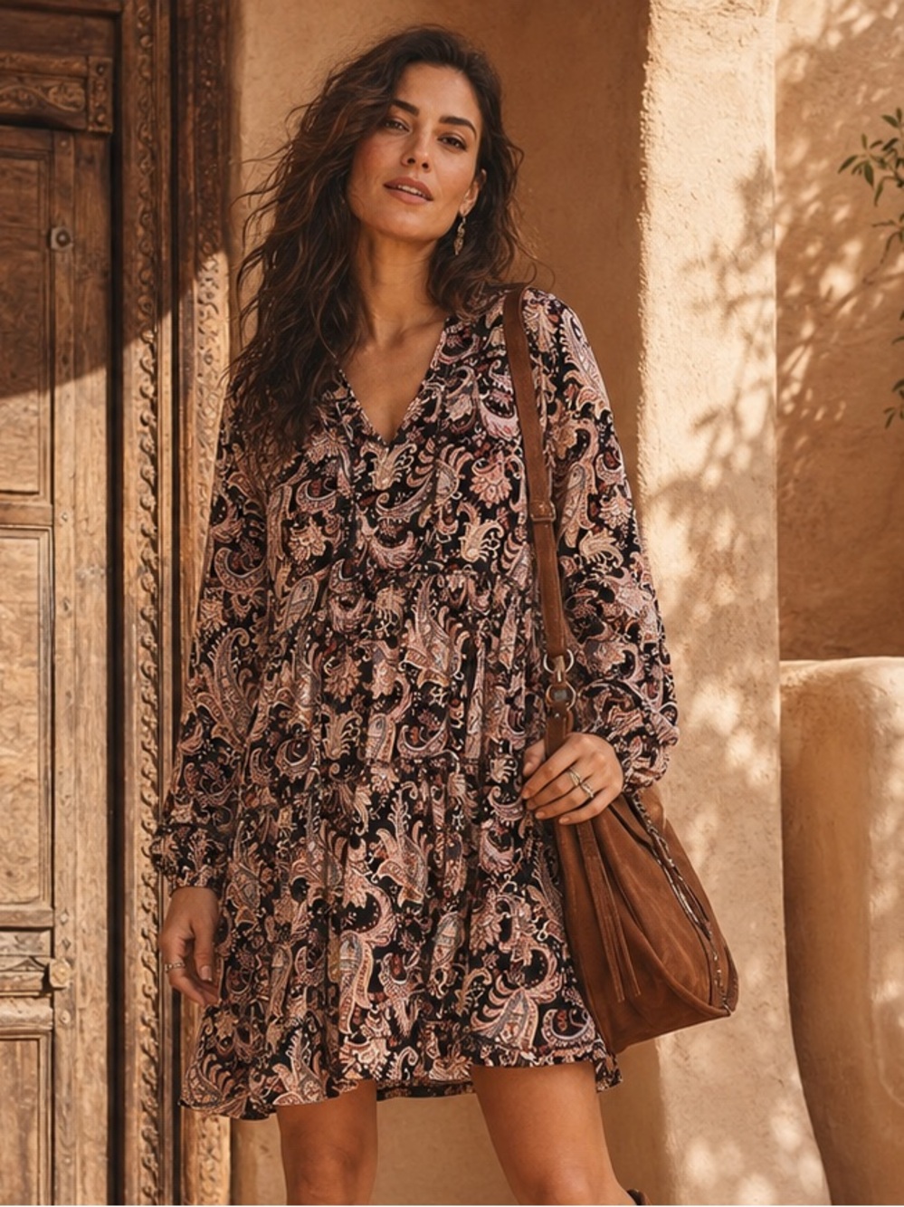 Knox Rose Paisley Boho Tiered Mini Dress Size Small Black Long Sleeve